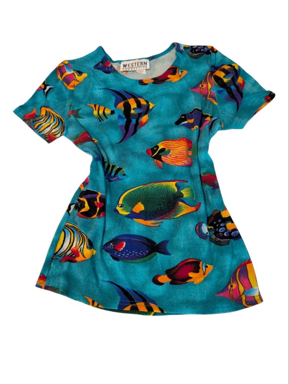 80s 90s Vintage All Over Turquoise Rainbow Fish Short Sleeve Top Size‎ Medium